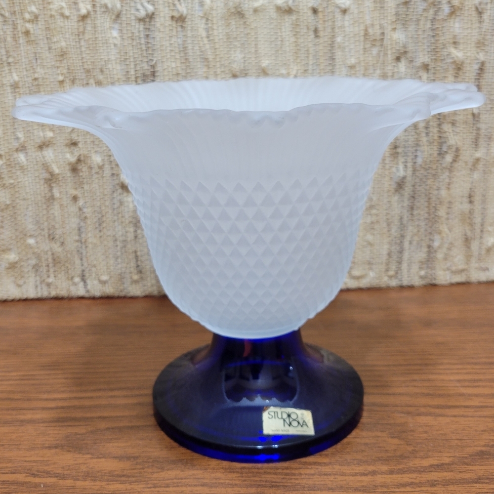 Rare Studio Nova Hand Made Portugal Frosted and Blue Glass Compote/Vase